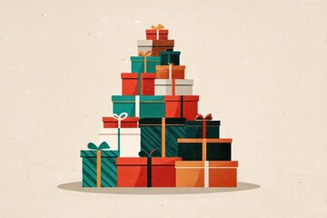 Festive christmas tree shape made of stacked gift boxes with ribbons and bows on a light background