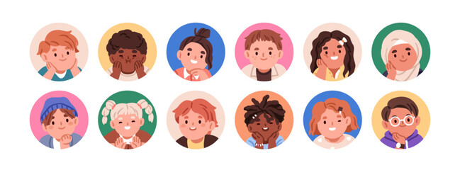 Kid avatars set. Cute kindergarten children faces smiling in round frames, circles. Head portraits, user profiles, preschool boys and girls. Flat vector illustrations isolated on white background