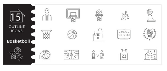 Basketball Icon Set. Sport, Hoop, Team Play, Championship Vector Collection, Basketball Symbols Pack ,Ball, Hoop, Net ,Athletic Game Illustration Set, Sport Basketball Vector Icons. Editable Stroke