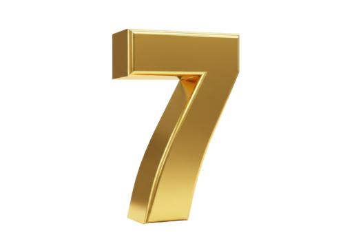 Isolated golden three-dimensional digit seven standing as lucky number for decoration