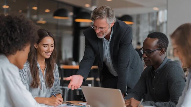 Team collaboration session in a modern office with diverse professionals discussing strategies and ideas