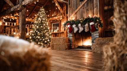 Rustic holiday setting features a beautifully decorated Christmas tree and stockings hanging by a warm fireplace, creating a festive atmosphere