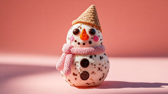 Adorable ice cream snowman with a cone hat and scarf, set against a soft pink background, embodying festive holiday spirit - Powered by Adobe