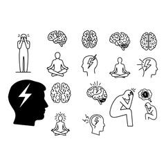 Stress silhouette Anxiety  overthinking pose Broken brain icon Meditation silhouette Head with lightning shape