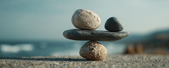 Zen stones stacked on the beach symbolizing balance and inner peace