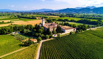 Aerial view of a historic monastery and vineyards under a clear sky