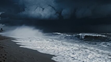 Dramatic ocean waves crashing on sandy beach under dark storm clouds   - Powered by Adobe