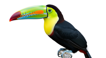 Vibrant Toucan Bird with Large Colorful Beak Perched on Branch isolated on transparent background, png