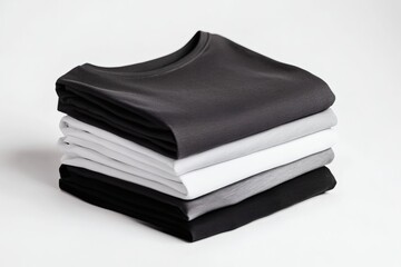 Stacking pile of folded blank black, grey, gray, and white t-shirts with a round neck and a white background cutout. A mockup template for graphic design artwork,
