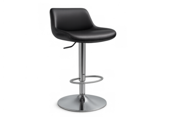 Modern black leather bar stool with polished metal base, adjustable height, isolated on transparent background, contemporary furniture
