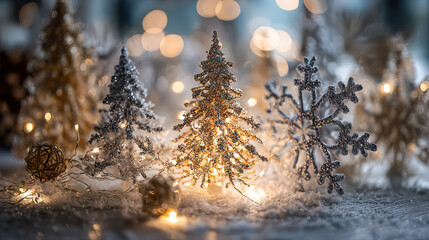 Miniature Christmas trees and snowflakes are beautifully illuminated by warm lights, creating a festive holiday atmosphere with shimmering details