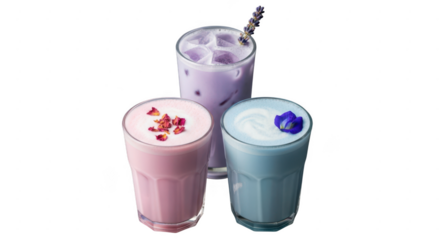 Three colorful milkshakes isolated on transparent background, with a pink rose milkshake, a blue butterfly pea milkshake, and a purple lavender milkshake, all in glasses