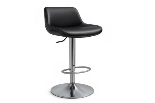 Modern black leather bar stool with polished metal base, adjustable height, isolated on transparent background, contemporary furniture