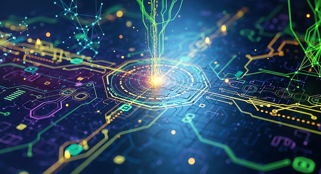 Close up view of a complex circuit board with glowing elements and network connections visible on top - Powered by Adobe
