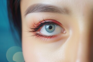 Obraz premium Close up of female blue eye with long eyelashes and perfect evening makeup