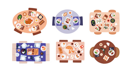 Obraz premium Tables with meal, food from top view. Festive dining servings set, dinners with meat and vegetable dishes, drinks, snacks, chicken and utensils. Flat vector illustration isolated on white background