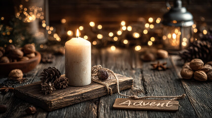 A white candle sits on a rustic wooden table surrounded by pine cones and an Advent sign, evoking a warm holiday ambiance