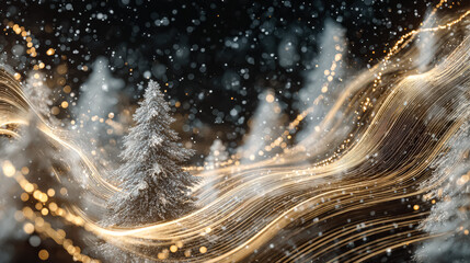 Enchanting snowy landscape featuring illuminated trees and shimmering lights, creating a magical holiday ambiance