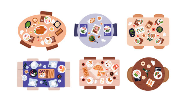 Tables with meal, food from top view. Festive dining servings set, dinners with meat and vegetable dishes, drinks, snacks, chicken and utensils. Flat vector illustration isolated on white background