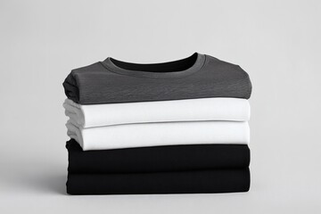 Stacking pile of folded blank black, grey, gray, and white t-shirts with a round neck and a white background cutout. A mockup template for graphic design artwork,
