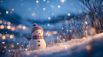 Charming snowman adorned with a knitted hat and scarf, set against a snowy landscape with twinkling lights and a serene winter ambiance