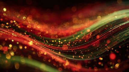 Vibrant abstract background featuring flowing red and green lights, creating a festive atmosphere with shimmering bokeh effects