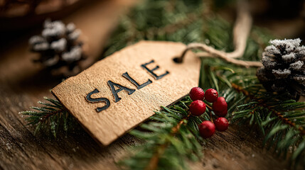 Wooden tag with sale inscription, surrounded by pine branches and red berries, creating a festive atmosphere for holiday shopping