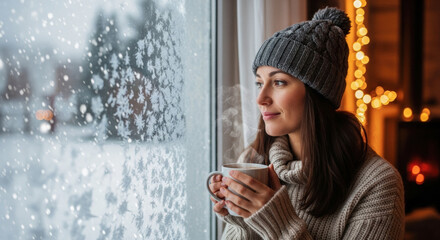 Woman in cozy knit hat gazing at snow falling outside window while sipping warm drink, creating a sense of warmth and quiet contemplation.