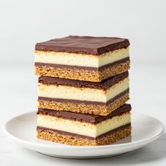 A Stack of Three Classic Nanaimo Bars on a Plate.