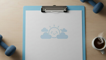 Organized flat lay of morning wellness tools a blank clipboard with a cheerful weather illustration, fitness dumbbells, and a hot coffee