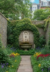 A Serene Walled Garden with a Stone Fountain and Flowerbeds.