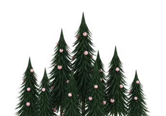 Isolated Christmas trees with pink ornament, green festive winter forest, holiday decoration