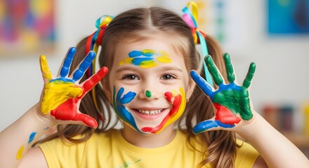 Happy little girl showing hands covered in colorful paint during art class or creative play.