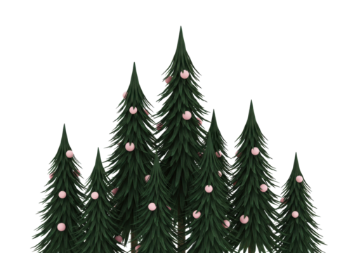 Isolated Christmas trees with pink ornament, green festive winter forest, holiday decoration