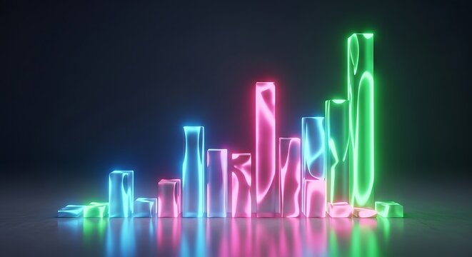 Neon glow bar graph data visualization abstract digital concept.