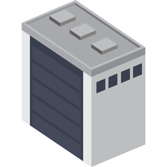 Isometric illustration of a modern industrial warehouse building with a dark gray roller door and light gray facade against a transparent background