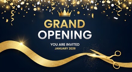Luxury Grand Opening invitation banner with golden ribbon cutting ceremony and crown on dark background.