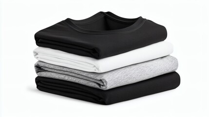 Stacking pile of folded blank black, grey, gray, and white t-shirts with a round neck and a white background cutout. A mockup template for graphic design artwork,
