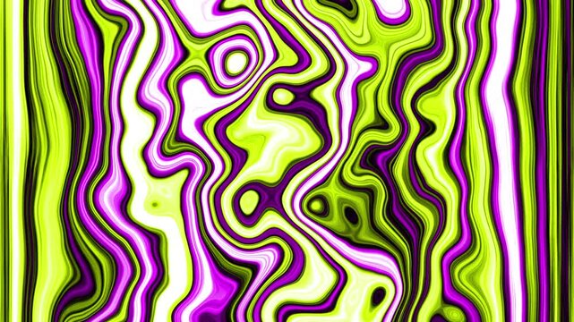 Fluid psychedelic pattern with green, yellow, and purple swirling organic shapes.