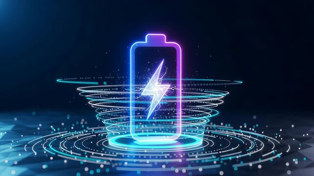 Neon battery lightning hologram neon energy power storage charging renewable capacity futuristic glowing icon with circular rings particles digital landscape conveying efficient dynamic charging