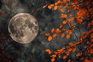 Fototapeta premium Full moon shining through orange autumn leaves on a dark cloudy night, creating a magical and mysterious atmosphere