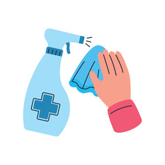 Hand holding blue cloth cleaning spray bottle with blue cross symbol on transparent background in flat illustration style