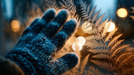 Gloved hand gently touches a frosted window, revealing intricate patterns and warm holiday lights, creating a cozy winter atmosphere