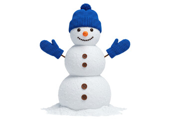 Isolated adorable snowman with blue hat and mittens for Christmas and holiday decorations
