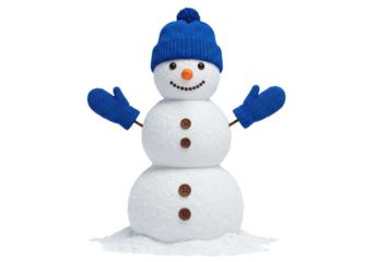 Isolated adorable snowman with blue hat and mittens for Christmas and holiday decorations