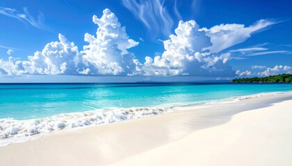Fototapeta premium Stunning tropical beach landscape with pristine sand, turquoise water, and fluffy clouds