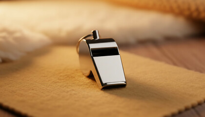 A silver whistle rests on a brown surface, illuminated by warm light, suggesting a moment of silence or reflection.