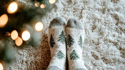 Cozy feet adorned in festive socks with Christmas tree design resting on soft carpet, surrounded by warm glowing holiday lights