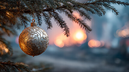 Beautiful Christmas ornament is suspended from a pine tree branch, surrounded by soft glowing holiday lights, creating a festive atmosphere