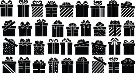 “Large collection of black silhouette gift box icons featuring various ribbon styles, patterns, and shapes perfect for holiday packaging, festive decoration, and graphic design”